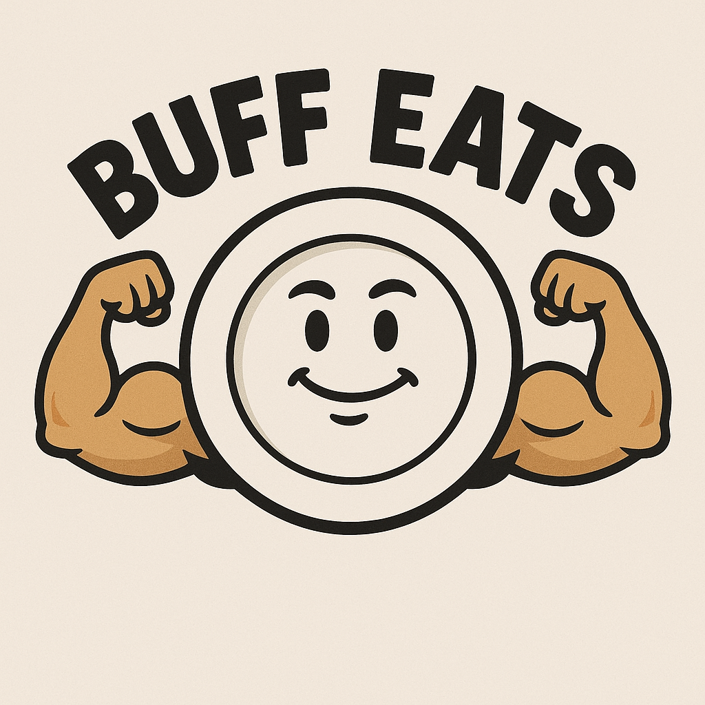 A cartoon smiling plate flexing its biceps with the word Buff Eats over it.